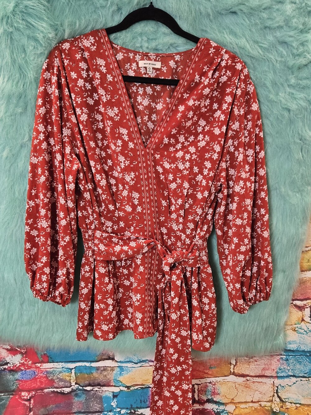 Max Studio Burnt Orange Redish Brown And White Floral Belted Waist Top Size Xl - Picture 1 of 7